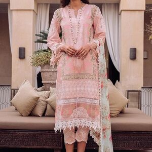 Elegant Pink Embroidered Dress with Floral Scarf